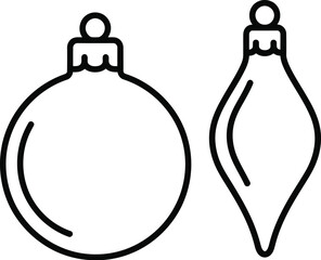 Two simple christmas tree ornaments, one round and one teardrop shaped, isolated on white background