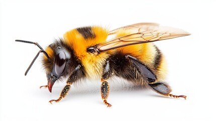 Close-up Image of a Bumblebee with Vibrant Yellow and Black Fur on a White Background