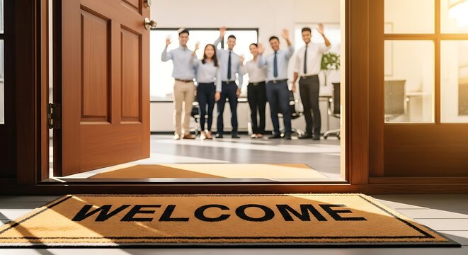 A Welcoming Team Greets New Colleagues at The Office Entrance