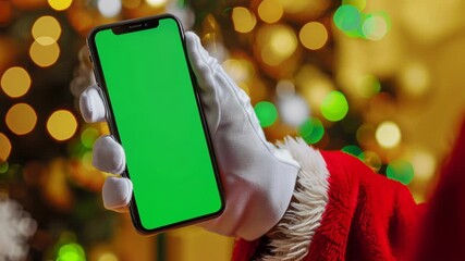Santa hand holds smartphone with green screen overlay against bokeh background of warm lights, suggesting festive atmosphere, with white gloves and red garment, conveying joy and celebration - Powered by Adobe