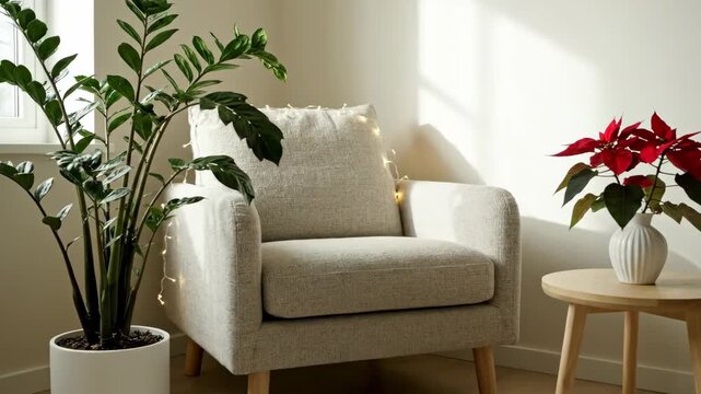 Neutral Living Room Interior with Poinsettia and ZZ Plant - A cozy, neutral-toned living room corner showcases a comfortable armchair with string lights, a vibrant red poinsettia on a small table,