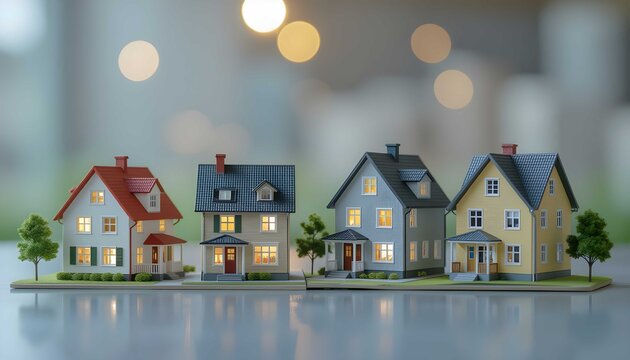 Miniature residential model houses lining up for real estate investment planning