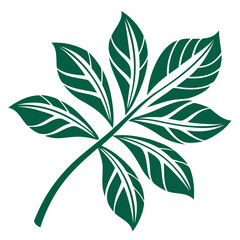 Stylized dark green palmately compound leaf with prominent white veins against a clean white background representing nature and growth