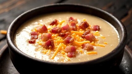 Loaded Potato Soup in Dark Bowl - A close-up shot showcases a bowl of creamy potato soup, generously topped with diced bacon and shredded cheddar cheese.