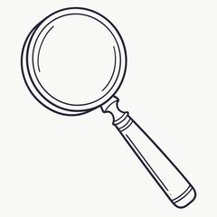A simple black and white line drawing illustration of a classic magnifying glass with a round lens and a wooden handle shown from a top down perspective on a plain background