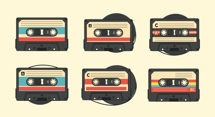 A collection of retro and vintage audio cassette tapes with various colorful designs, arranged on a light background.