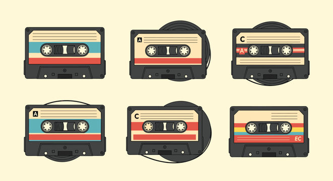 A collection of retro and vintage audio cassette tapes with various colorful designs, arranged on a light background.