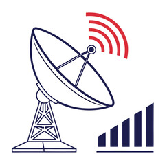 A stylized vector illustration of a satellite dish transmitting signals represented by red arcs and a rising signal strength bar graph