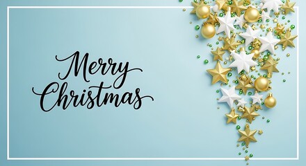 Festive Holiday Cheer Merry Christmas with Sparkling Stars Golden Ornaments and Emerald Green Beads on a Serene Blue