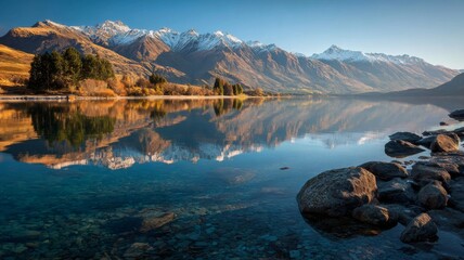Scenic lake wanaka in otago, new zealand surrounded by snow-capped mountains and lush green hills reflecting on calm turquoise waters under a clear sky