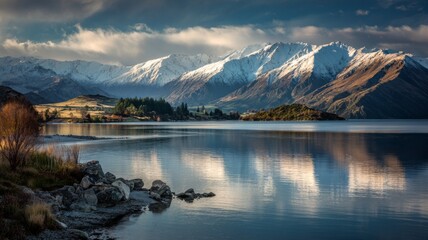 Scenic lake wanaka in otago, new zealand surrounded by snow-capped mountains and lush green hills reflecting on calm turquoise waters under a clear sky