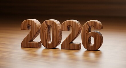 Wooden numbers spelling out 2026 in a close-up shot, set against a dark, blurred background