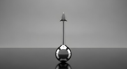 Chrome metallic sphere with an upward pointing arrow reflecting environment on dark polished surface abstract 3d rendering symbolizing peak performance achievement and directional stability