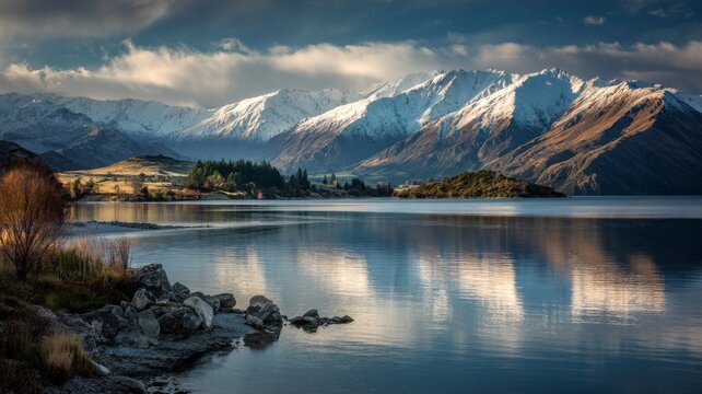 Scenic lake wanaka in otago, new zealand surrounded by snow-capped mountains and lush green hills reflecting on calm turquoise waters under a clear sky - Powered by Adobe