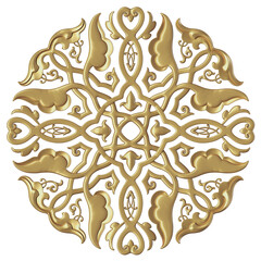 Russian ornamental round pattern in gold color. PNG clear background ornament, floral golden metal pattern 