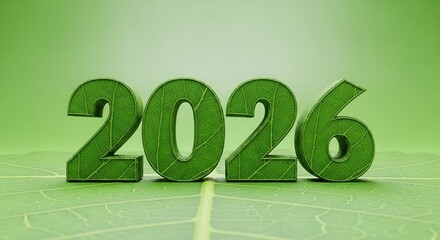 The year 2026 represented in large green 3D digits set against a blurred light green background, with a subtle leaf vein texture visible