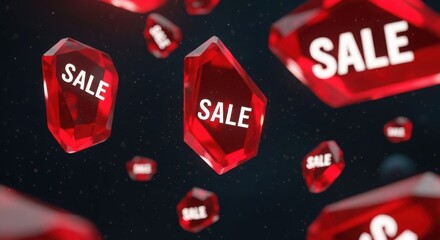 Red sale tags floating in dark space