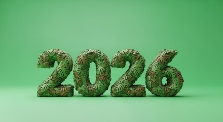 Green 2026 numbers made of organic foliage, representing nature and new beginnings