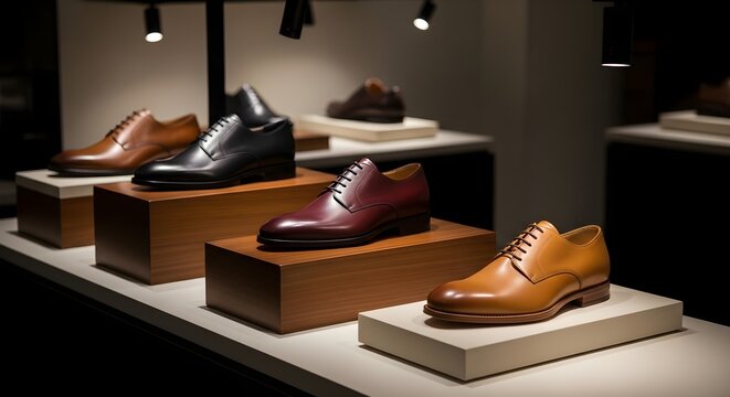 Various colors of fine leather men's dress shoes arranged on display stands within upscale retail setting ambiance