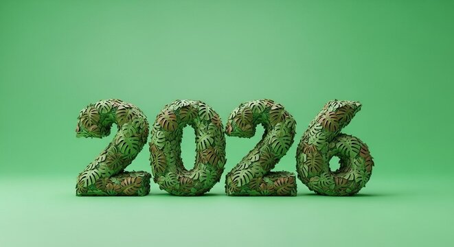 Green 2026 numbers made of organic foliage, representing nature and new beginnings