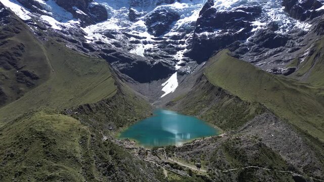 4k 30fps humantay lagoon drone shoot in the peruvian alpes