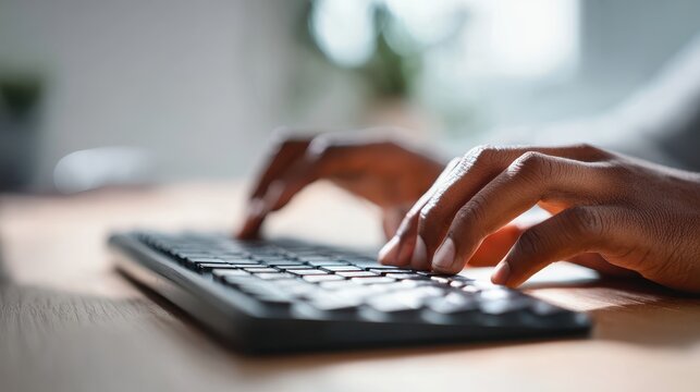 Dynamic Close-Up of Black Hands Typing Swiftly on a Keyboard in a Brightly Lit Office.