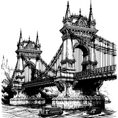 Obraz premium Ancient Bridge Architectural: Detailed artistic portrayal of an ancient bridge and its captivating architecture. The drawing portrays the bridge. The beauty of the architectural. 