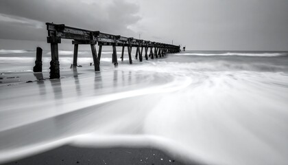 Black and white long-exposure photograph of an old wooden pier extending into the sea, with flowing water