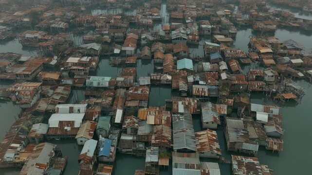 Aerial view of a densely populated floating village with numerous houses on stilts over calm water, showcasing a unique community living on the water.