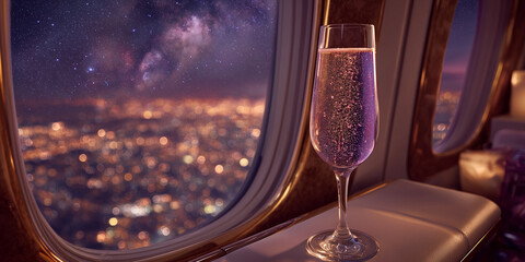 Sparkling drink in glass on airplane window with city lights view  