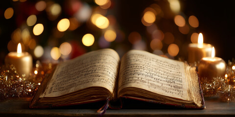 Open book on table with candles and festive decorations in background  