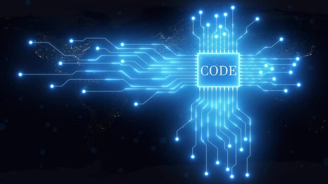 Blue illuminated circuit board with the word CODE in the center over a dark Earth map code programming