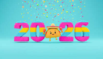 Colorful 2026 numbers crafted from pinata with cartoon taco character in sombrero amid falling confetti and peppers. Fun new year eve mexican fiesta theme for holiday cards and party invitations.