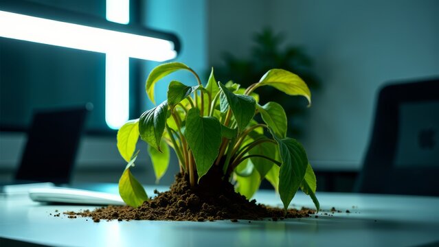 Plant wilting on office desk under harsh light