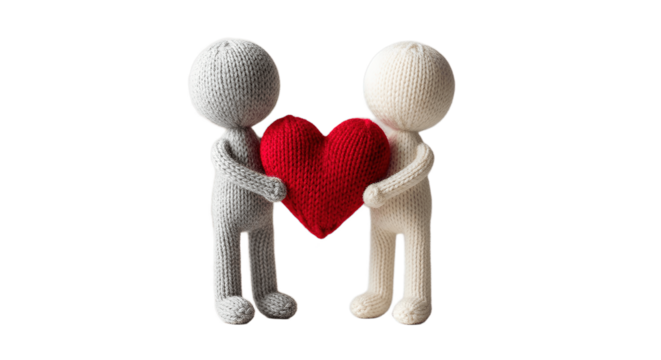 Minimalistic knitted couple made of soft wool fibers holding a big red heart together