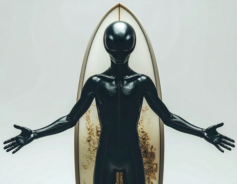 Black alien sculpture with arms outstretched, surfboard in background