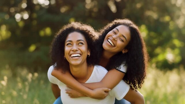 Happy African American sisters enjoying piggyback ride in summer park, laughing and having fun together.