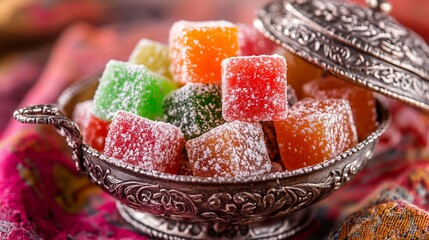 Assorted Turkish delight in rose, lemon, and pomegranate flavors, neatly arranged in a ceramic bowl, dusted with powdered sugar, and styled with dried roses and crushed pistachios.