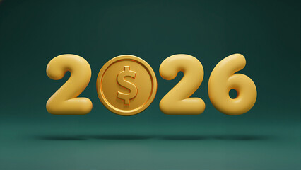 Golden 3D numbers 2026 with integrated dollar sign floating on green background. New year financial prosperity concept for future economy and investment trends in 2026. Innovative digital