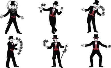 Magician, magic show, card tricks, illusionist, stage performance, top hat, entertainment, playing cards, fantasy, circus, performer, wizard, costume, theater,