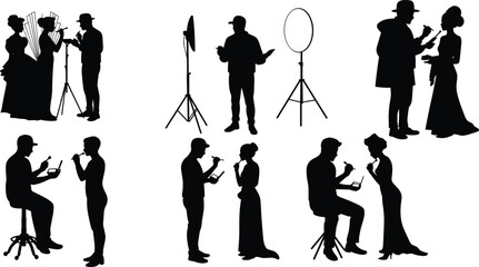 Obraz premium Makeup artist silhouette, beauty preparation illustration, theatrical performance concept, stage makeup design, cosmetic application artwork, professional styling,Makeup artist silhouette, beauty 