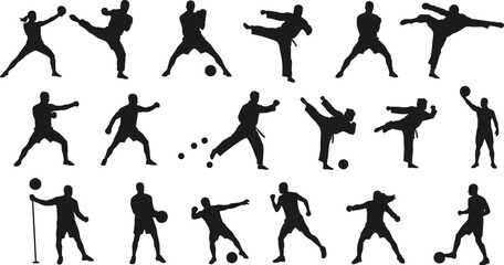 Martial arts silhouette collection, sports training poses, athletic movement design, fighting stance illustration, dynamic action vector, fitness exercise, combat practice, body balance