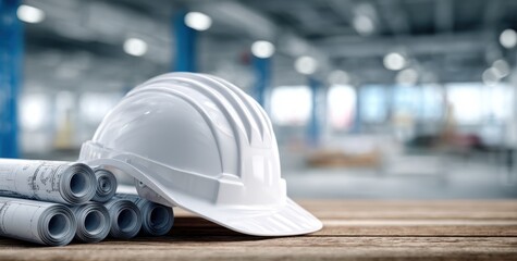 White safety helmet with rolled up blueprints on wooden table in modern workshop. Construction safety, engineering plans concept.