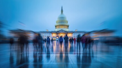 Majestic government building with dome and columns at twilight. Silhouette of people walking in front of illuminated building creating motion blur effect on reflective marble floor.