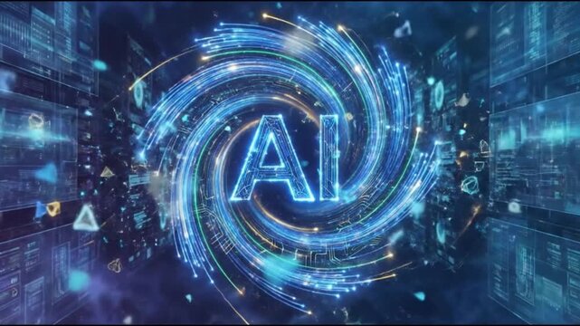Artificial intelligence text symbol inside swirling blue digital data vortex