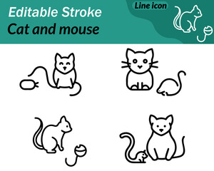 A simple vector icon showing a cat and a mouse in a playful minimal silhouette. The cat appears alert with pointed ears and a curved tail. While the mouse is smaller with a rounded body and thin tail.