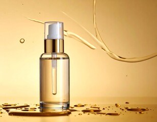 Naklejka premium Clear glass bottle with dispenser, liquid splash, and golden backdrop