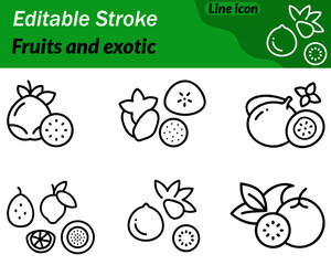 A clean vector icon featuring a mix of fruits such as a sliced citrus a pineapple crown and a smooth tropical fruit silhouette. The simple outlines freshness and variety perfect for food grocery.