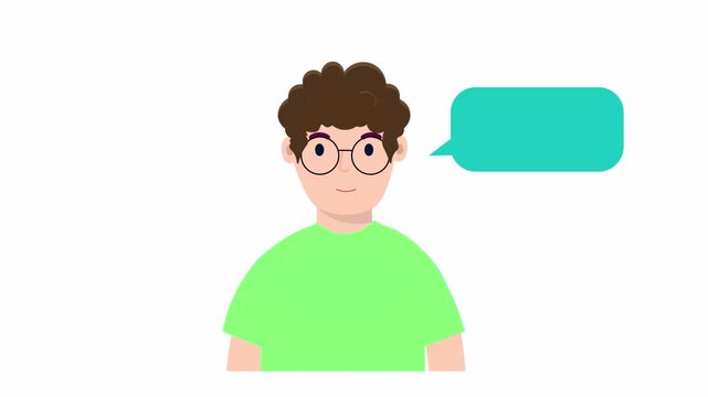 Animated Young Man with Glasses Talking with Speech Bubble.