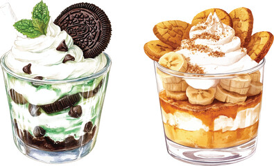 Dessert Parfaits: Mint Chocolate and Banana Caramel vector illustration